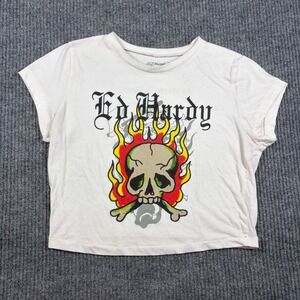 Ed Hardy Shirt Women's L Women Skull Fire Graphic Crop Top Cream Y2K Tattoo